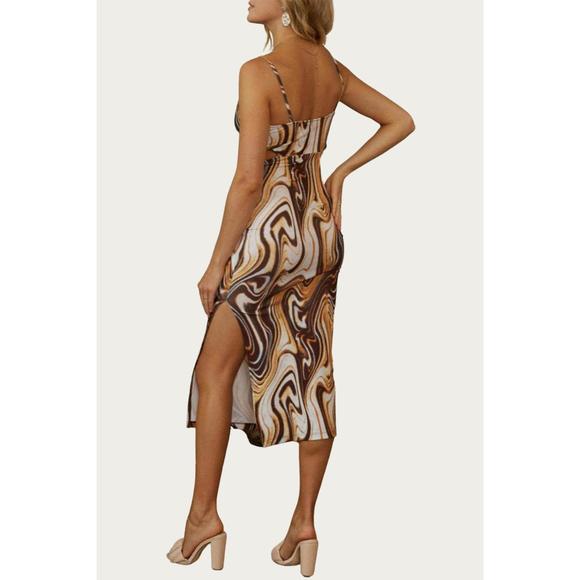 NEW ENDLESS BLU. marble-print cowl stretch-jersey cutout midi dress in rust/brow - Picture 2 of 2